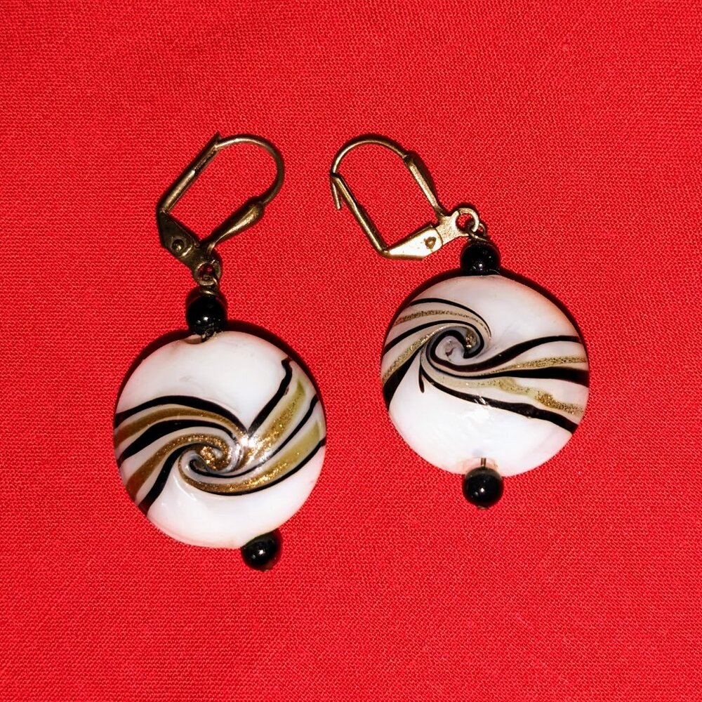 Murano Style Art Glass Swirl Drop Earrings - Gold & Black & White